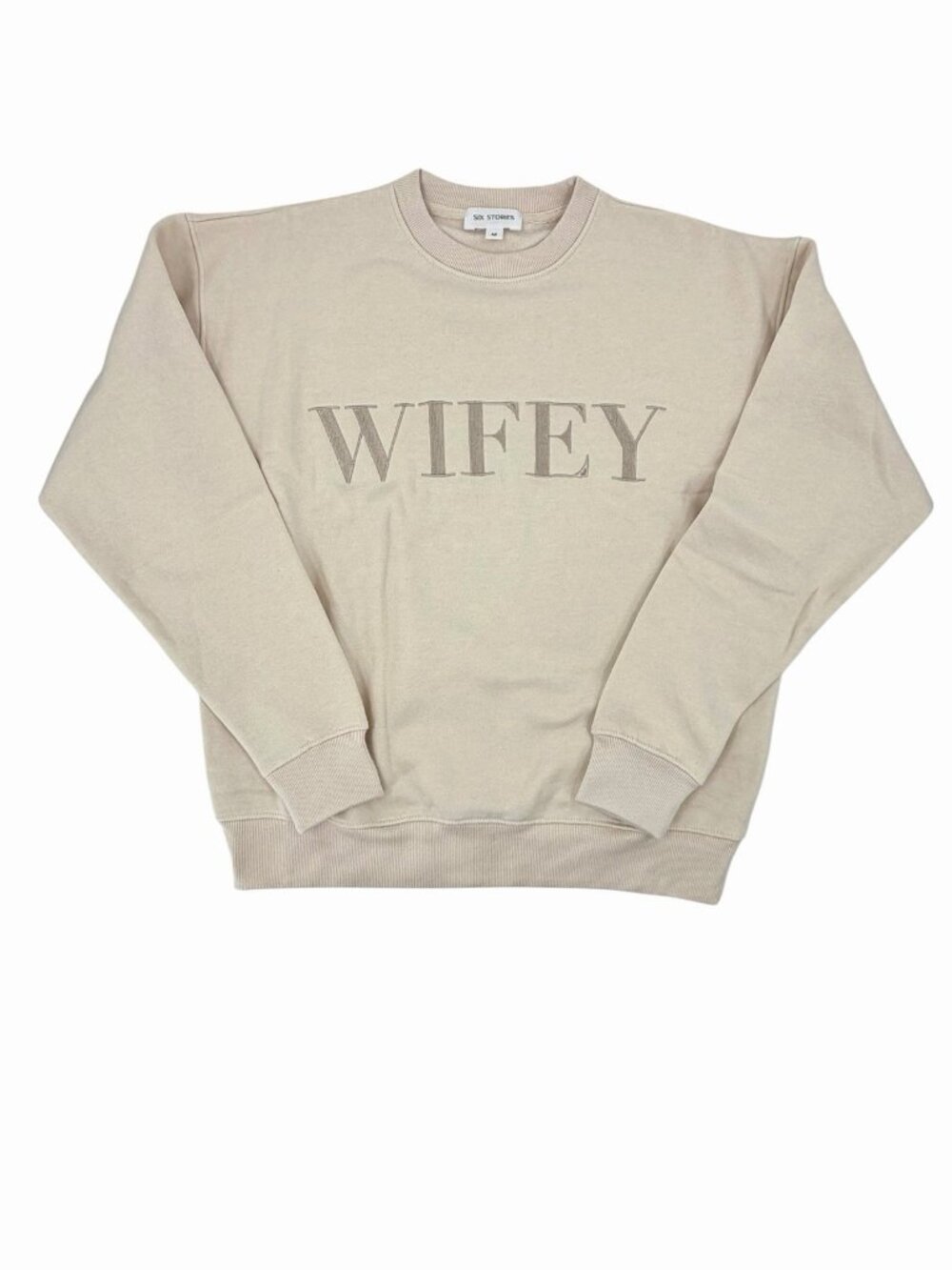 SIX STORIES Women's Beige Embroidered Wifey Crewneck Sweatshirt NEW Medium